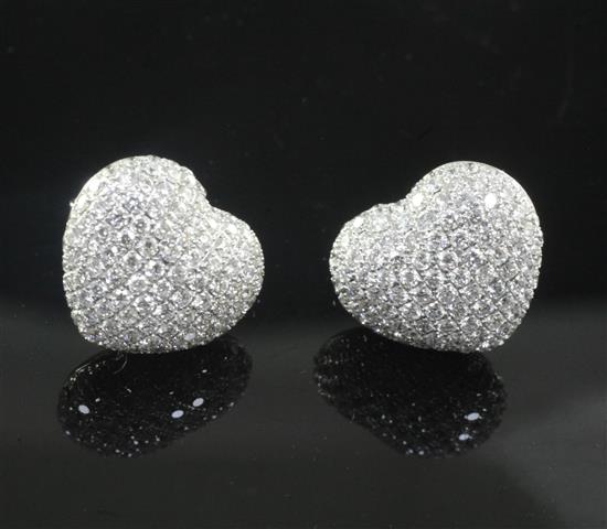 A pair of Theo Fennell Art 18ct white gold and pave set diamond heart shaped ear studs, width 15mm.